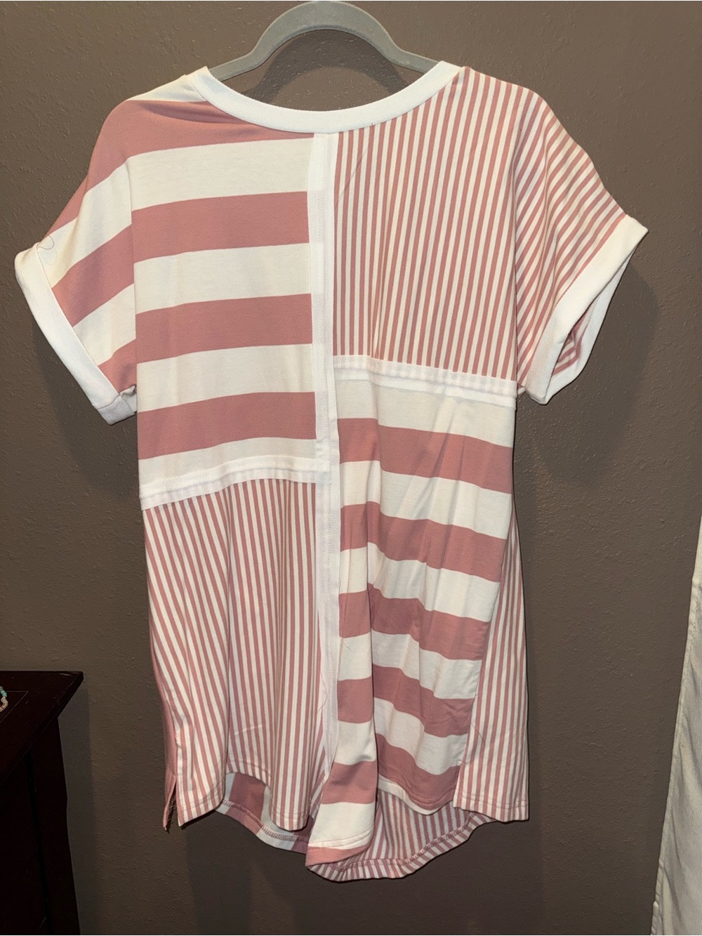 Umgee White and Dusty Pink Striped Patchwork Short Sleeve Romper